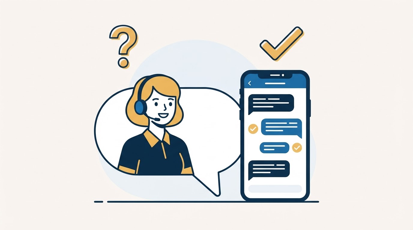 Illustration of a customer support agent with a headset helping a user through chat on a smartphone