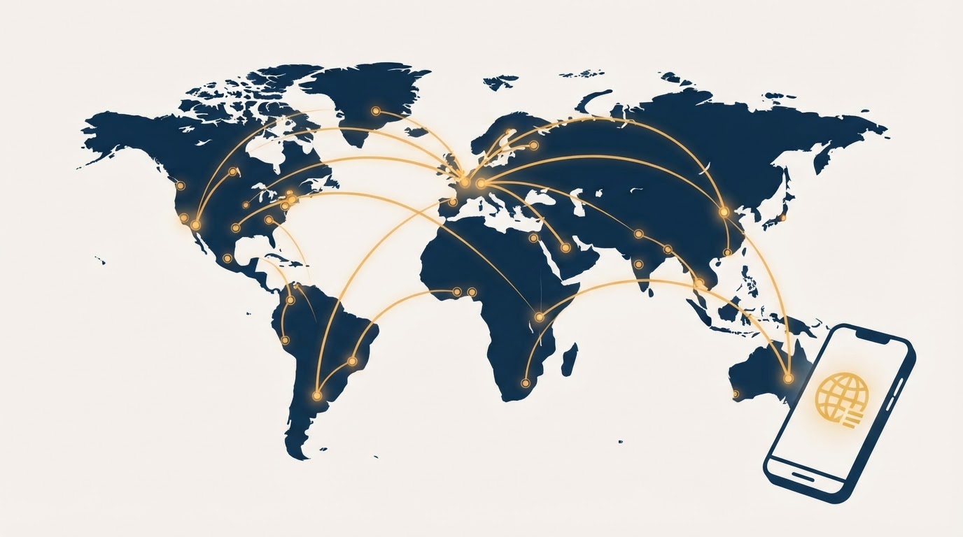 Illustration of a world map with glowing connection points representing global eSIM coverage