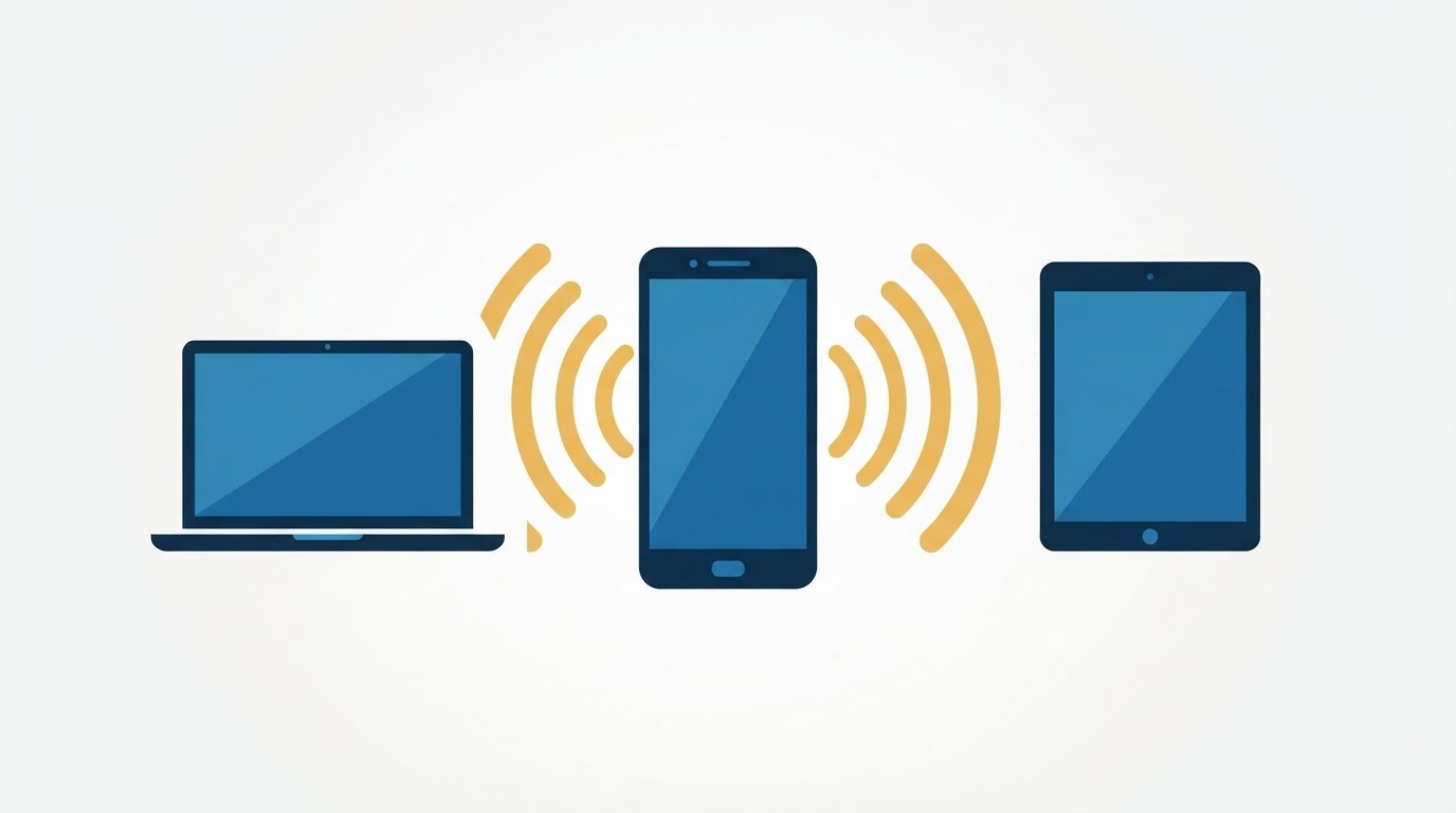 Illustration of a smartphone broadcasting a Wi-Fi hotspot to a laptop and a tablet