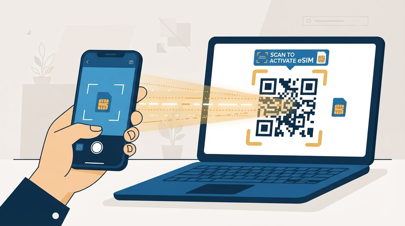 Illustration of a smartphone scanning an eSIM QR code displayed on a laptop screen