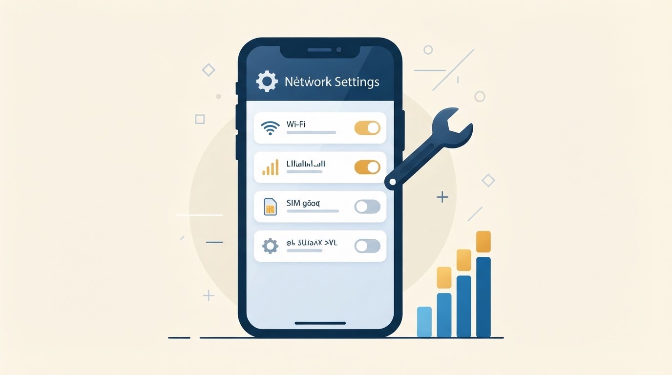 Illustration of a smartphone settings screen with toggle switches, a gear icon and signal bars